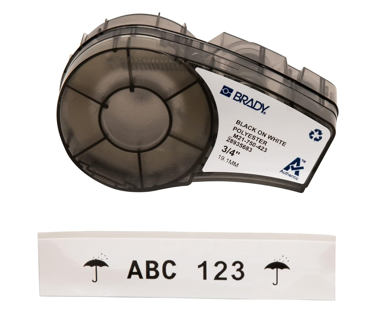 Brady M21-750-423 21' Length, 0.75" Width, B-423 Permanent Polyester, Black On White Color, BMP 21 Mobile Printer ID PAL And LABPAL Printer Label