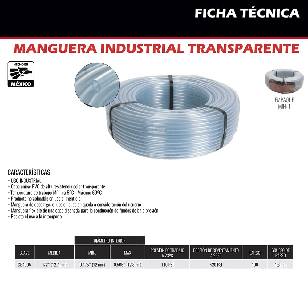 Dogotuls GB4005 Manguera Industrial 1/2, Transparente 100