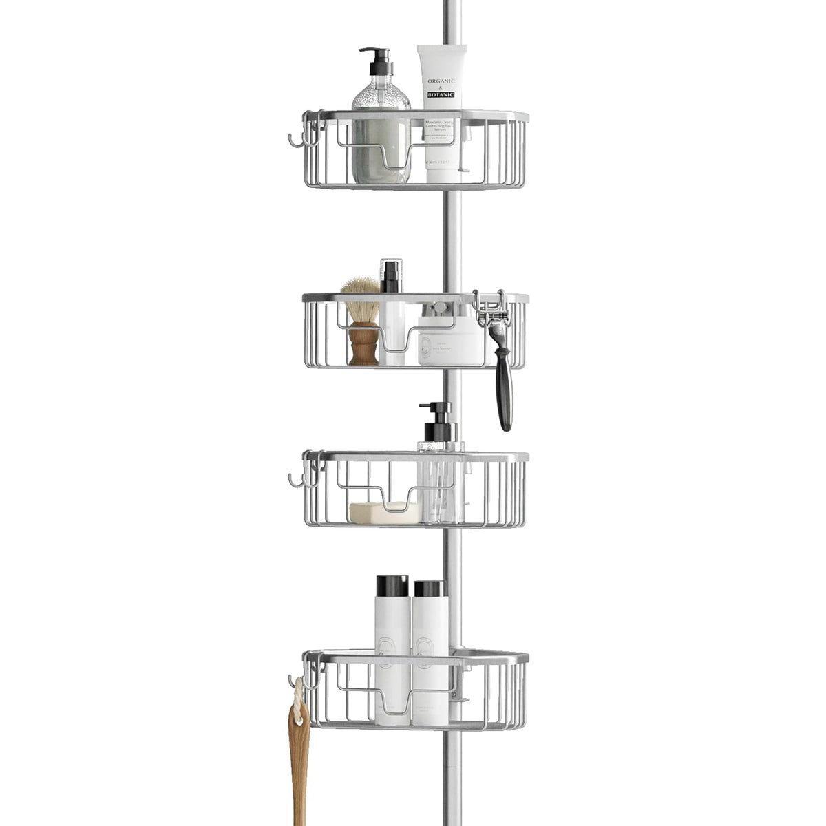 Zenna Home - Organizador de esquina para ducha con poste de tensión, organizador ajustable para ducha de pie con 4 estantes, organizador de barra de tensión de baño, de 60 a 108 pulgadas, cromo