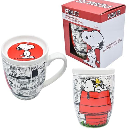 Fun Kids 1754-35 Taza para Café de Porcelana con Tapa Protectora, Diseño Snoopy Peanuts, Tarro para Bebidas Calientes Colección Snoopy Tira Cómica, 354 mililitros con Caja de Regalo