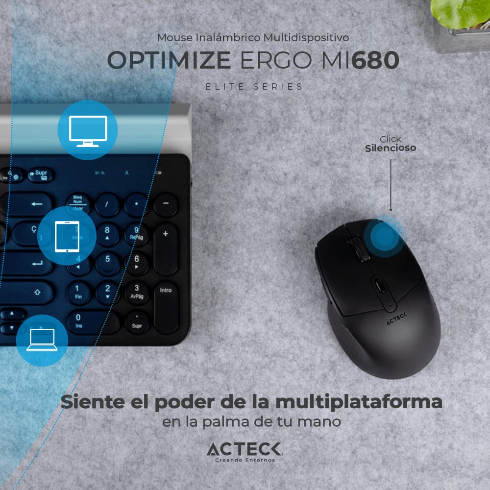 Acteck Optimize Ergo MI680 Mouse Multidispositivo, 2.4 GHz + 2 Modos Bluetooth, hasta 1600 dpi, 6 Botones, Ergonómico, Incluye 1 Batería AA (Negro)