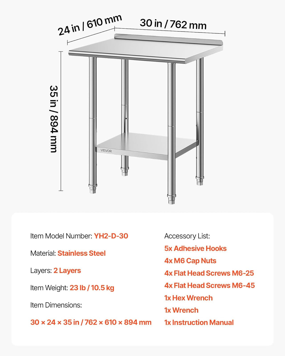 VEVOR Mesa de Trabajo de Acero Inoxidable 2 Niveles, Mesa de Preparación de Alimentos 76,2x61x89,4 cm, Estante Inferior Ajustable, Protector contra Salpicaduras, para Restaurantes, Bares, Hoteles
