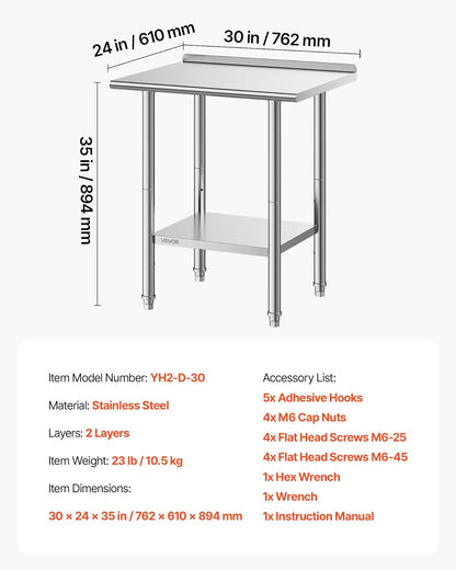 VEVOR Mesa de Trabajo de Acero Inoxidable 2 Niveles, Mesa de Preparación de Alimentos 76,2x61x89,4 cm, Estante Inferior Ajustable, Protector contra Salpicaduras, para Restaurantes, Bares, Hoteles