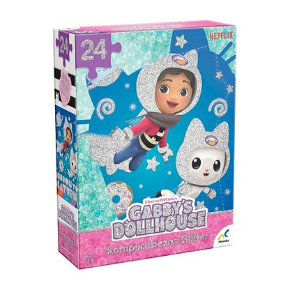 Novelty Corp - Rompecabezas Glitter, Gabby's Doll House, Ensable Perfecto, Piezas Resistentes, Mejora Agilidad Mental, Ensamble Perfecto, Juegos Tradicionales, 24 Piezas, Cartón Gráfico