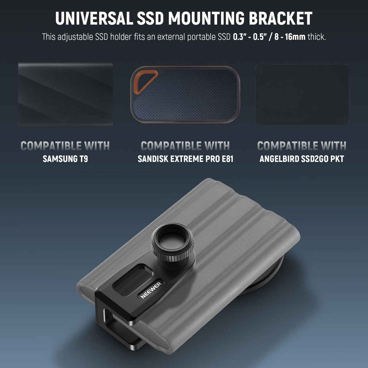 NEEWER Soporte SSD con Zapata Fría Desmontable para SSD 0,3"-0,6"/8-16mm Grosor, Compatible con MagSafe iPhone 16 15 Samsung T9 T7 T5 para SanDisk para Lexar Compatible con SmallRig Cage, PA085