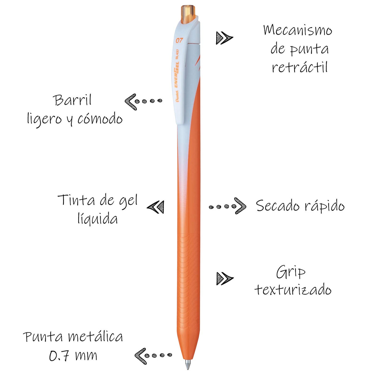 Bolígrafo Retráctil Energel Caja con 12 Piezas Naranja-BL437-F