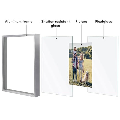 Americanflat - Marco de fotos flotante de aluminio de 8 x 10 pulgadas con vidrio resistente a roturas, uso como marco de fotos de 5 x 7 pulgadas o visualización de 8 x 10 pulgadas, colección de