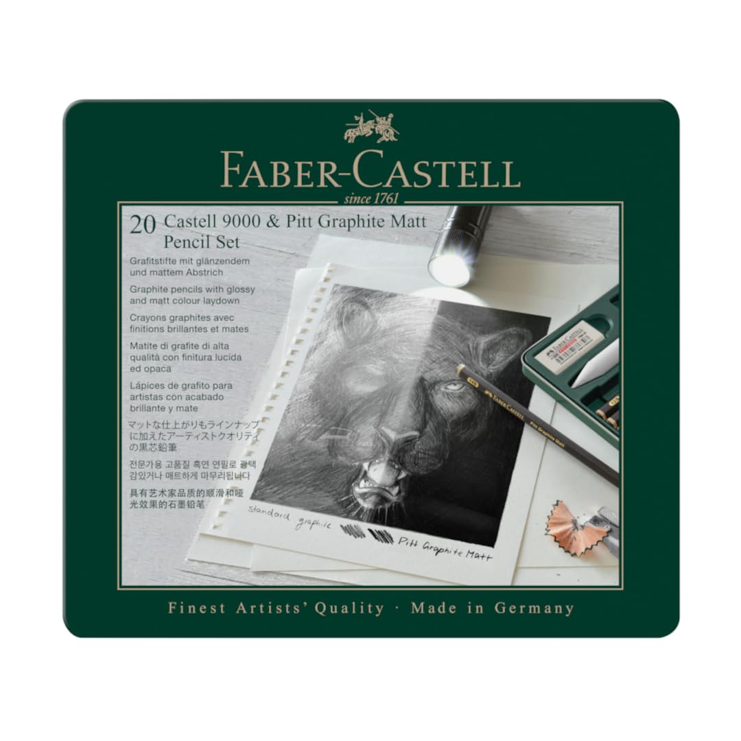 Faber-Castell Set Pitt Graphite Matt & Castell 9000, Estuche de metal con 20 artículos, 8 Castell 9000 y 8 Pitt Graphite Matt, cuenta con sacapuntas de metal, goma, goma moldeable y difuminador