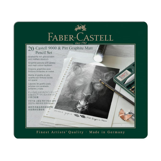 Faber-Castell Set Pitt Graphite Matt & Castell 9000, Estuche de metal con 20 artículos, 8 Castell 9000 y 8 Pitt Graphite Matt, cuenta con sacapuntas de metal, goma, goma moldeable y difuminador