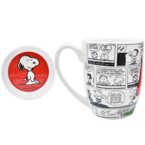 Fun Kids 1754-35 Taza para Café de Porcelana con Tapa Protectora, Diseño Snoopy Peanuts, Tarro para Bebidas Calientes Colección Snoopy Tira Cómica, 354 mililitros con Caja de Regalo