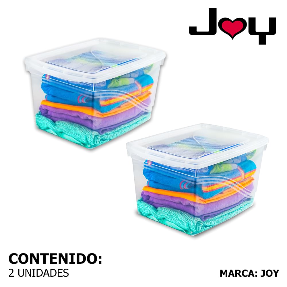 JOY - Caja de Almacenamiento 32 Litros, Pack de 2, para Organizar Armario, Juguetes, Ropa, con Cierre Click! y Agarraderas Reforzadas, Plástico Libre de BPA, Transparente