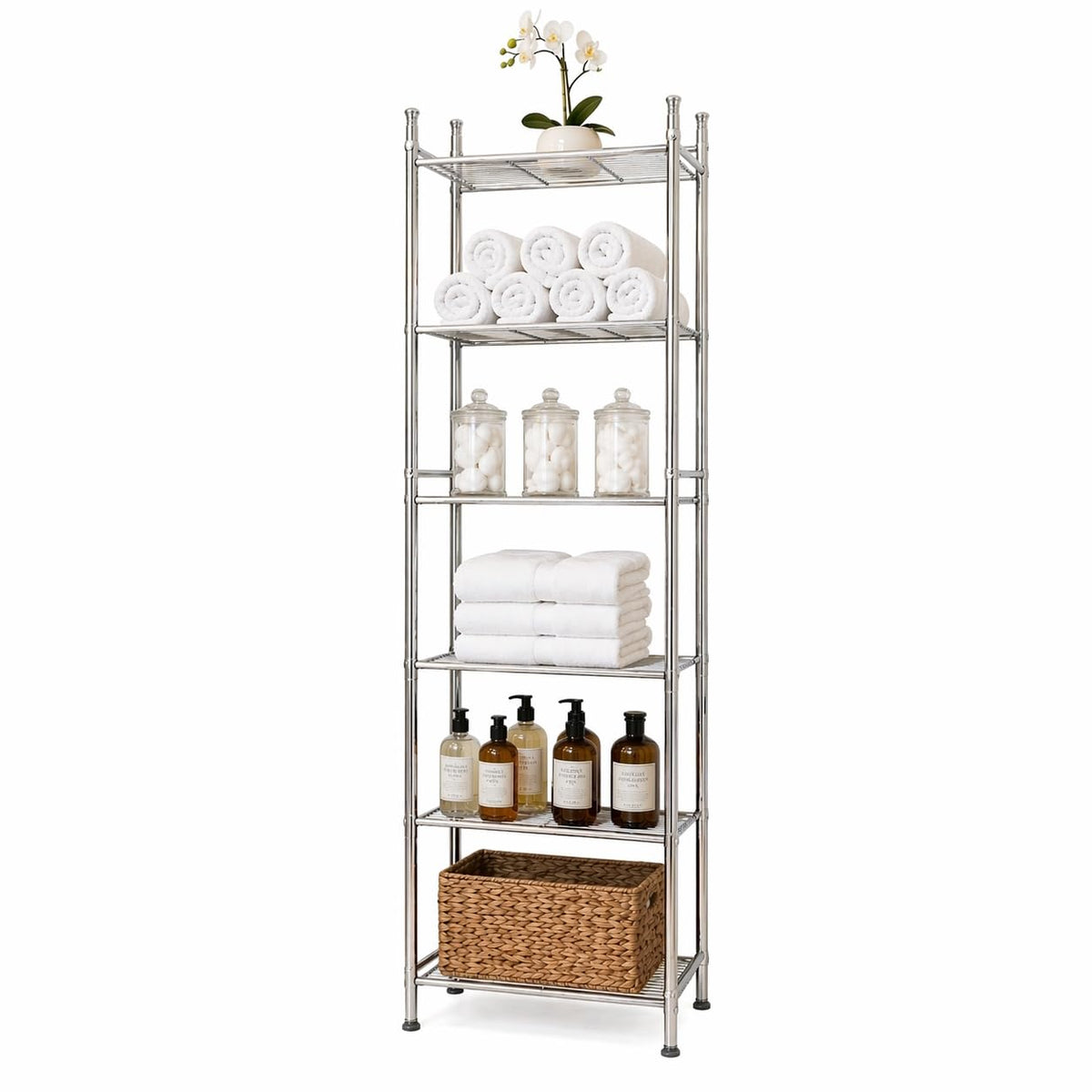 Honey-Can-Do BTH-03484 Estante de baño de Metal con 6 Niveles, 32 cm de Largo x 28 cm de Ancho x 151 cm de Alto, Cromado - Cromado - Estante de 6 repisas para baño