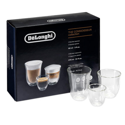 De'Longhi Fancy Collection - Juego de 6 vasos de café expreso con doble pared, diseño de capuchino y latte, transparente