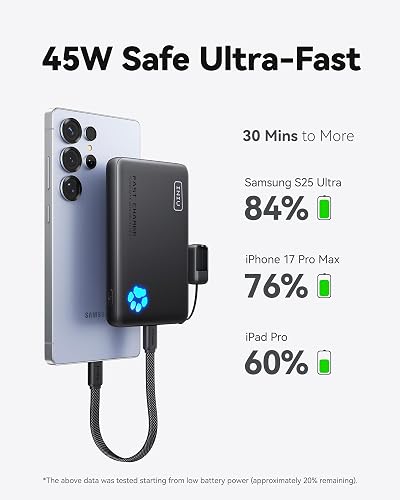 INIU Cargador portátil, Ultra Delgado de 45W de Carga rápida con Cable USB C Adjunto, batería de Banco de Potencia PD de 10000mAh Segura para vuelos, Cargador de teléfono Esencial para Viajes para