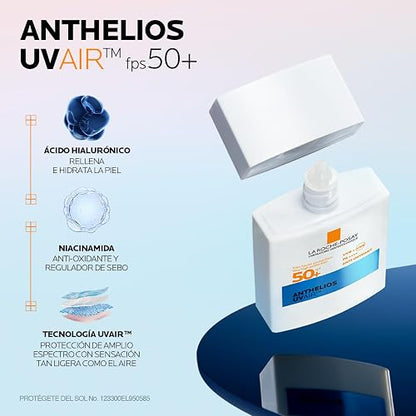 La Roche-Posay Anthelios UVAir Protector Solar Invisible y Ultraligero FPS50+ con Ácido Hialurónico, Niacinamida y Sistema Avanzado de Filtros UVA/UVB, 40 ml