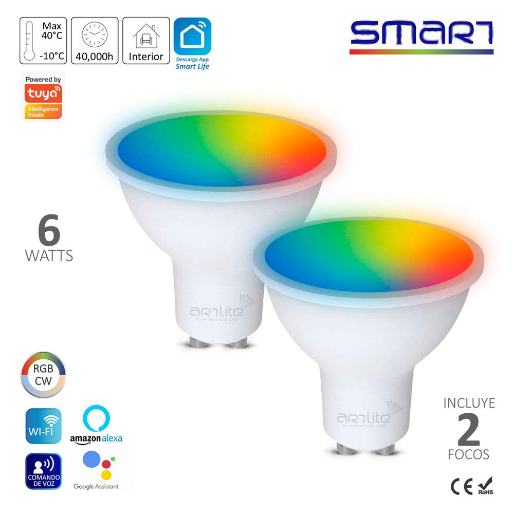 2 FOCOS SMART LED WiFi GU10 6W RGB CW MULTICOLOR Y BLANCOS ATENUABLES