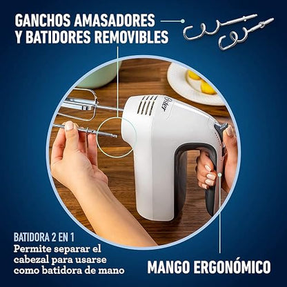 Oster Batidora de Mano y Pedestal 250 W con 6 Velocidades y Tazón de 3.7 L | Acción giratoria para mezclar 2 veces más rápido y uniforme, función Turbo, incluye ganchos amasadores, blanco, FPSTHS3612