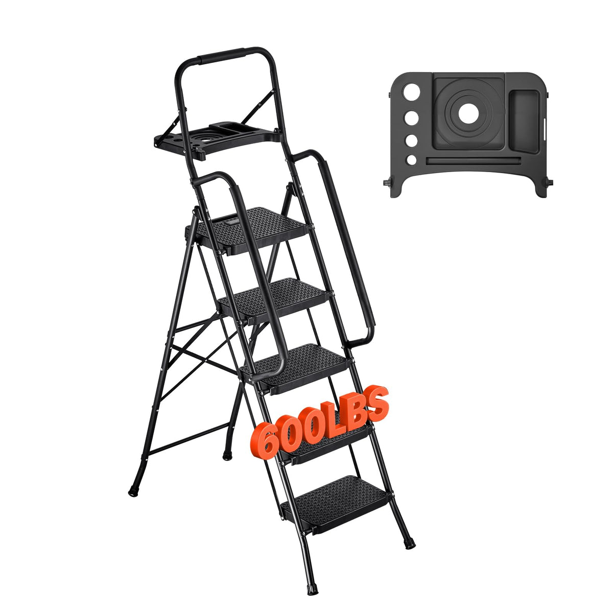 VEVOR Escalera Plegable de 5 Peldaños, Escalera de Tijera con Estructura de Acero, Capacidad de Carga Máx. 272 kg, con Pies Antideslizantes Bandeja de Herramientas Pasamanos, para Doméstico Oficina