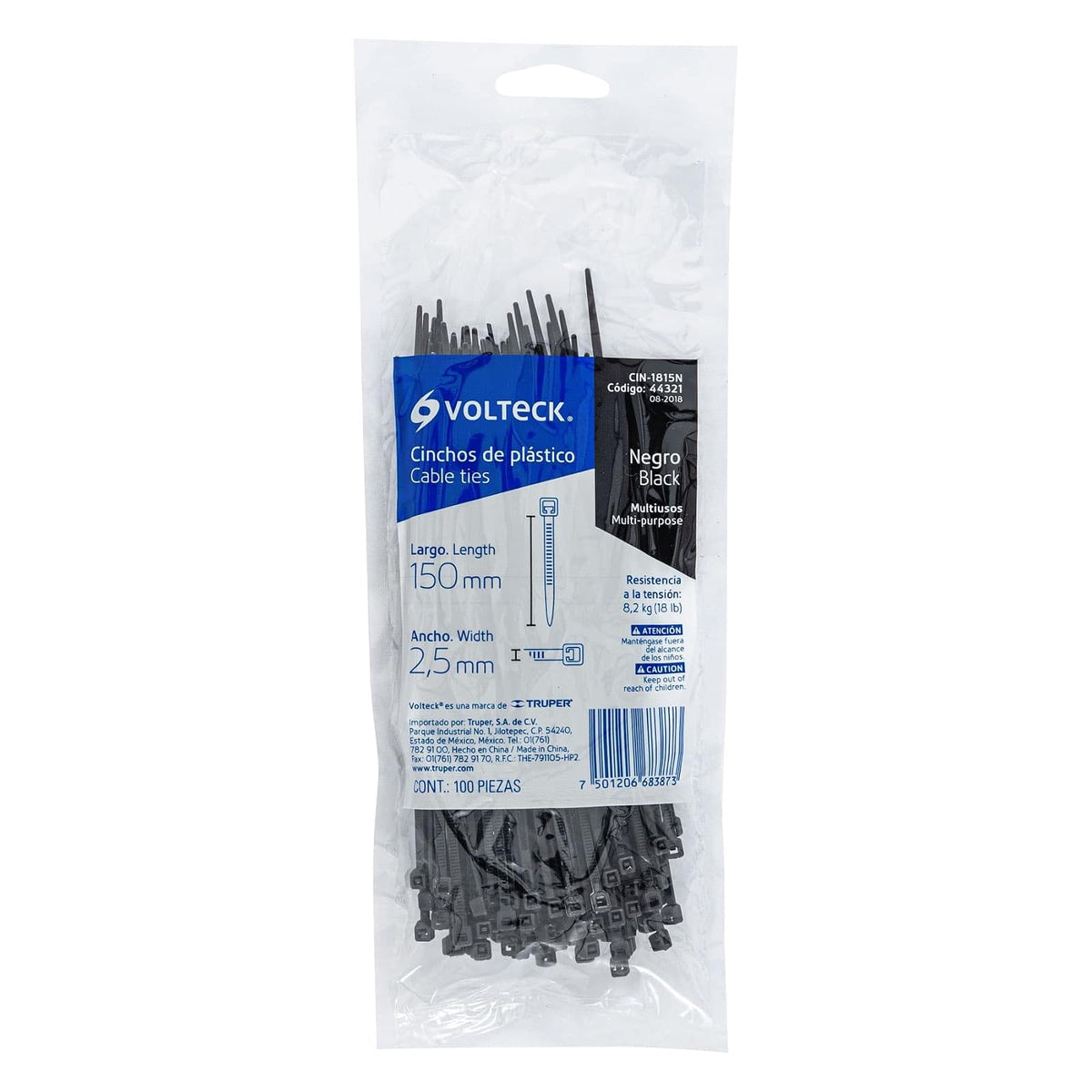 Volteck CIN-1815N, Cincho plástico, 18 lb, 15 cm, negro, bolsa con 100 pzas
