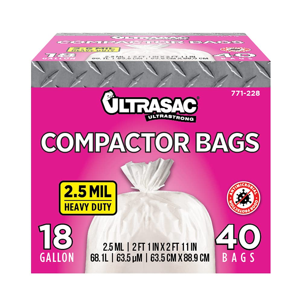 Ultrasac - 771228 Bolsas compactadoras de basura – (40 unidades con lazos) 18 galones para compactadores de 15 pulgadas – 63,5 x 88,9 cm, bolsas de desecho de basura de 2,5 mil, compatibles con Kitchenaid Kenmore Whirlpool GE Gladiator