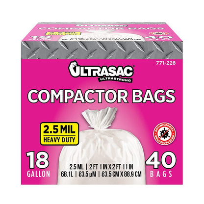 Ultrasac - 771228 Bolsas compactadoras de basura – (40 unidades con lazos) 18 galones para compactadores de 15 pulgadas – 63,5 x 88,9 cm, bolsas de desecho de basura de 2,5 mil, compatibles con Kitchenaid Kenmore Whirlpool GE Gladiator