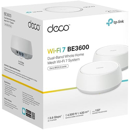 TP-Link Deco BE22(2-Pack) Router Mesh WiFi7 BE3600 Cobertura 420m² - Doble Banda 3.6 Gbps - 2 Puertos Gigabit - Roaming IA para Moverte Sin Perder Conexión - App Deco - Conecta 150 Dispositivos