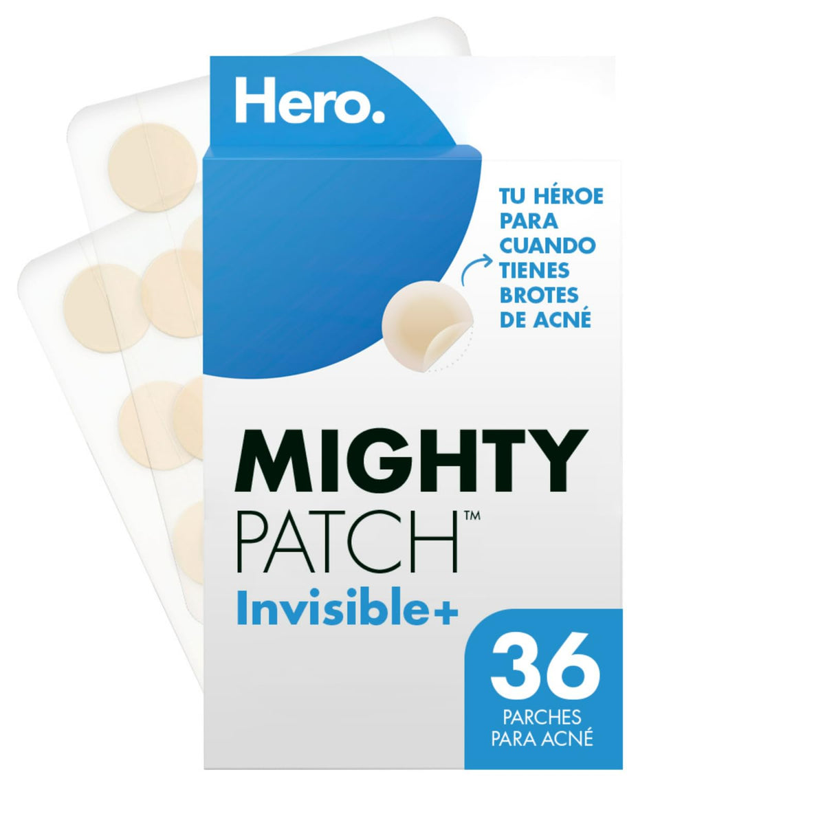 Hero Parches para Acné Mighty Patch Invisible+, Caja con 36 piezas. Delgados para Uso de Día. Absorben Gentilmente las Impurezas en 6 a 8 Horas. No Contienen Medicamento. Probados Dermatológicamente
