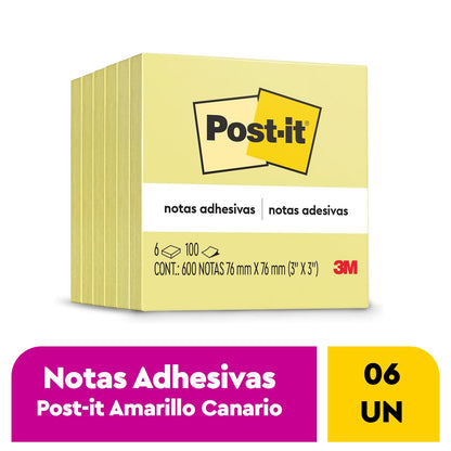 POST-IT 3M Notas Adhesivas Reposicionables Color Amarillo Canario 600 hojas | Ideales para planear y organizar, Adhesivo original, 76 x 76mm, Multiusos, 6 pads con 100 piezas c/u