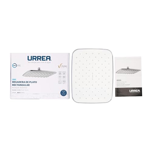 URREA 2265 Regadera de plato rectangular en acabado cromo y blanco sin brazo ni chapetón, ABS, certificada NOM-008-CONAGUA-1998, garantía de 100 años contra defectos de fabricación y 10 en acabado