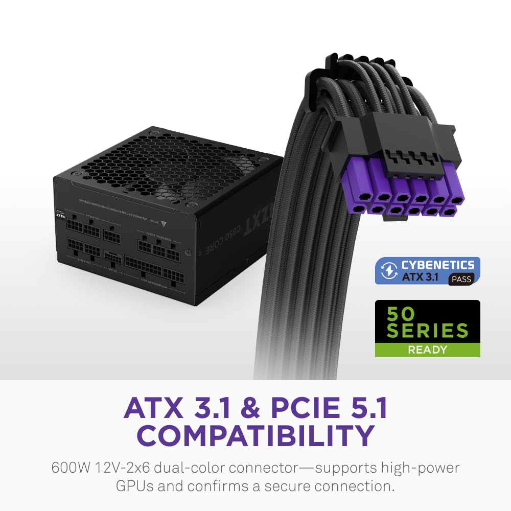 NZXT C850 Gold Core - Fuente de alimentación ATX 3.1 de 850 W - 80 Plus Gold - Cybenetics Platinum - Totalmente Modular - PCIe 5.1 600W 12V-2x6 - Ventilador Zero RPM - Condensadores de 105°C - Negro