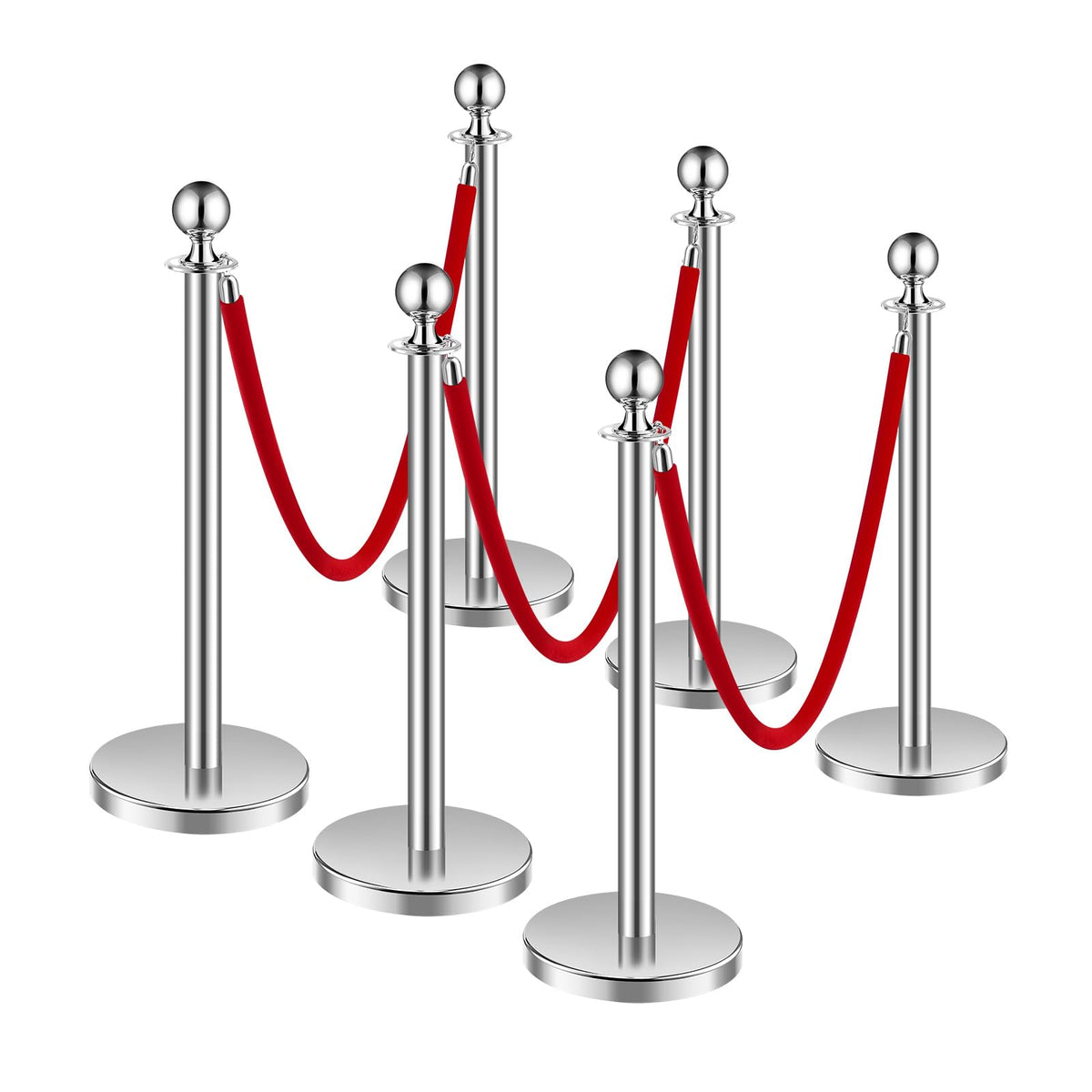 VEVOR 6 PCS Poste de Estaca de Acero Inoxidable de 1,5 m con Base Hueca de Inyección de Arena y 3 Cuerdas de Terciopelo Rojo, Barreras de Control de Multitudes para Teatro, Fiesta, Boda, Plateado