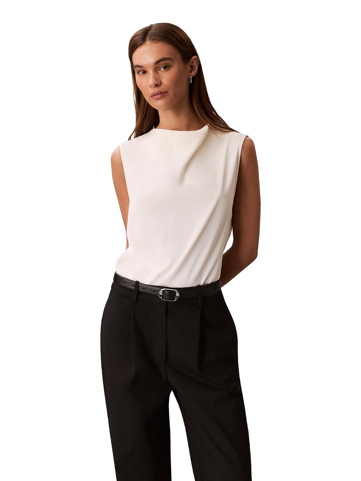 Calvin Klein - Playera sin Mangas de satén con Cuello Alto para Mujer