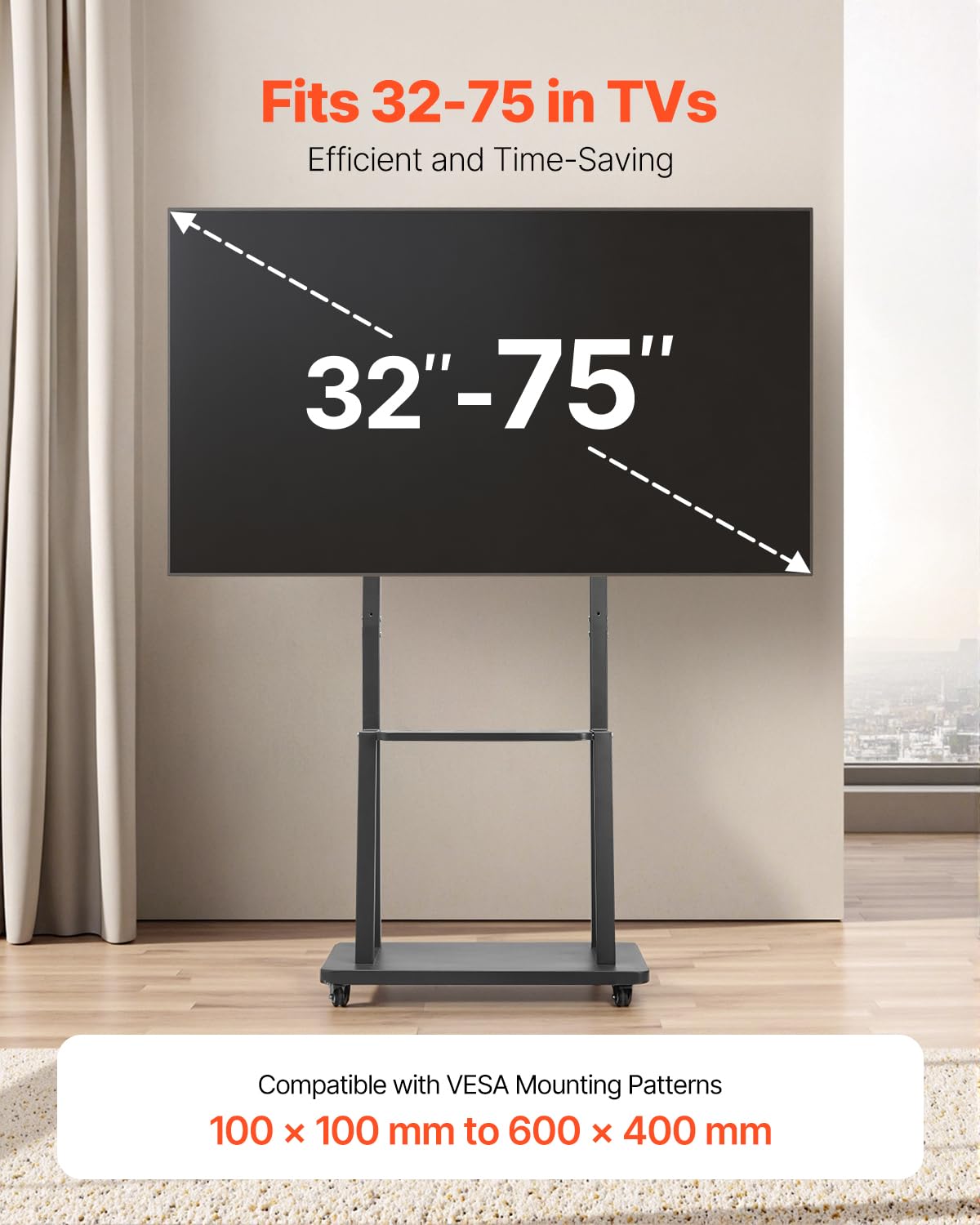 VEVOR Soporte de TV Móvil con Ruedas para Televisores de 812,8-1905 mm y hasta 68,04 kg, Soporte de Monitor Portátil de Altura Ajustable con Estante para Salón y Oficina (máx. VESA 600 x 400 mm)