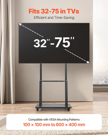 VEVOR Soporte de TV Móvil con Ruedas para Televisores de 812,8-1905 mm y hasta 68,04 kg, Soporte de Monitor Portátil de Altura Ajustable con Estante para Salón y Oficina (máx. VESA 600 x 400 mm)