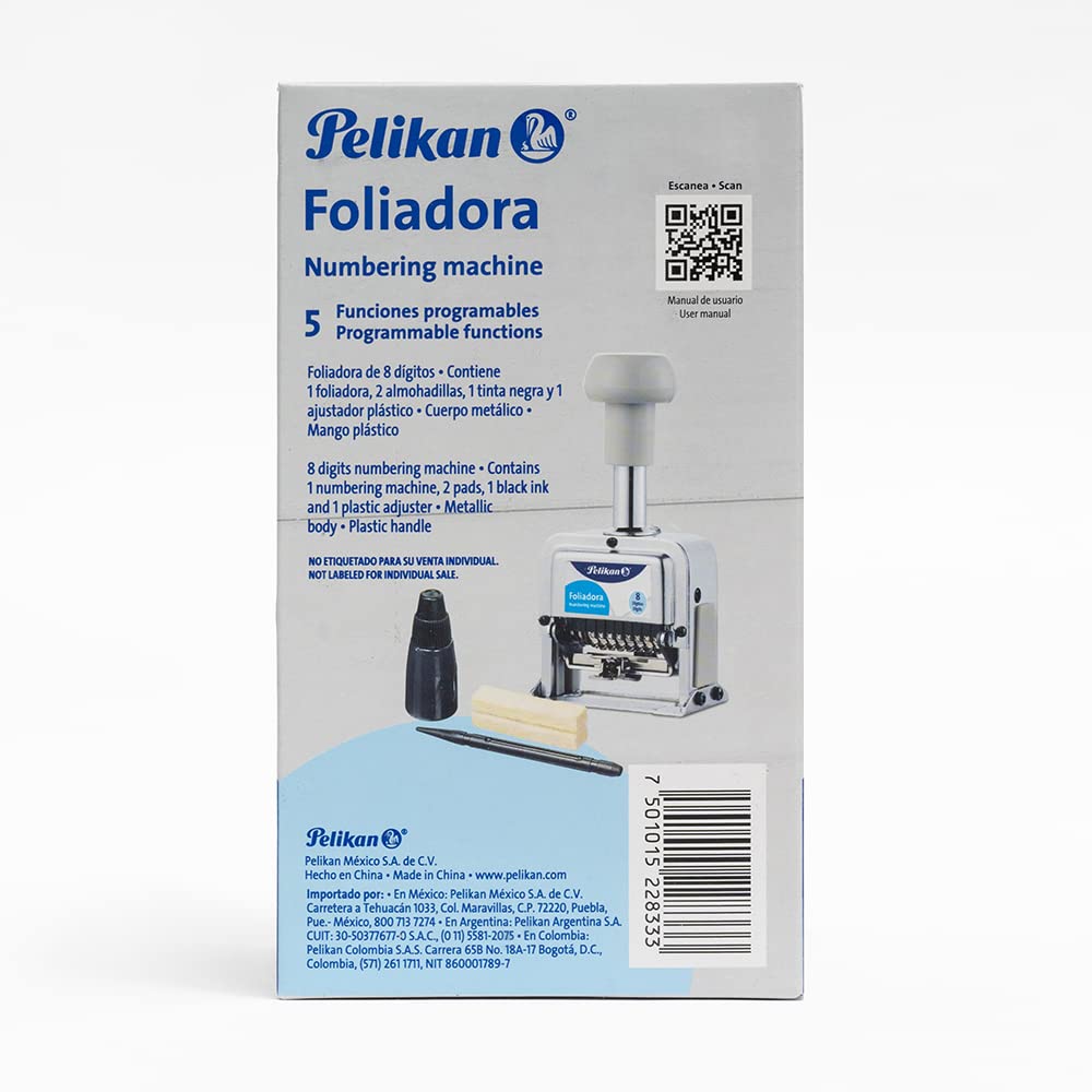 Pelikan Foliadora de Acero Inoxidable de Enumeración Automática con 8 Digitos. Incluye 2 Almohadillas.
