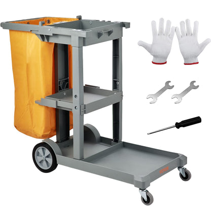 VEVOR - Carrito de Limpieza Comercial, 3 estantes, Carro de Limpieza de plástico de 200 Libras, con Bolsa de PVC de 25 galones, 47 x 20 x 38.5 Pulgadas, Amarillo + Gris