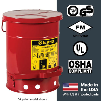 Justrite 09100; Galvanized-steel; Safety cans; For Oily waste; Red; Foot Operated cover; Raised, ventilated Bottom; Reinforced ribs; Self-closing; UL listed; FM approved; Capacity: 6 gal. (23L)
