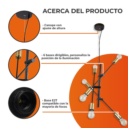 Tecnolite Lámpara de Techo Interior para 6 Focos, Lámpara Colgante Decorativa, Color: Negro Mate, 20CTL8190MVN, Potencia Máxima: 360 Watts, No Incluye Focos.