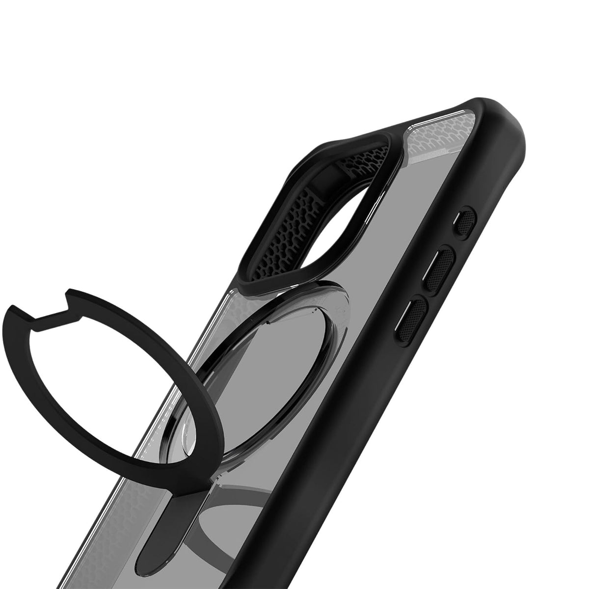 ItSkins Hybrid R Stand Funda con MagSafe Compatible con iPhone 15 Pro, Protección Caídas 3m, Soporte Plegable, Tecnología Antimicrobiana - Negro/Transparente