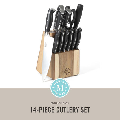 Martha Stewart Greeley 14 pc Triple- Riveted Cutlery Knife Acacia Wood Block Set w/Comfort Grip Handles- Black