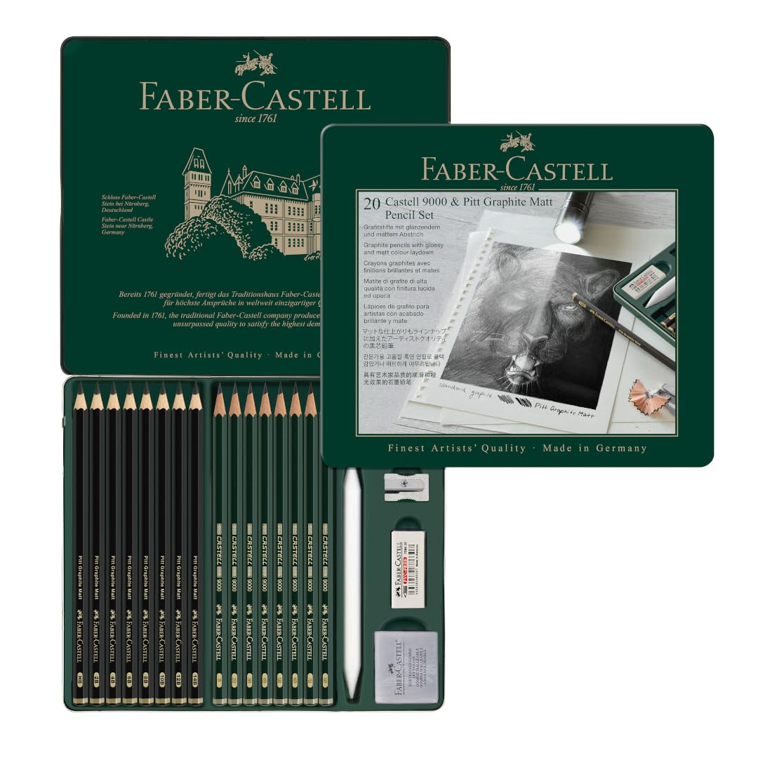 Faber-Castell Set Pitt Graphite Matt & Castell 9000, Estuche de metal con 20 artículos, 8 Castell 9000 y 8 Pitt Graphite Matt, cuenta con sacapuntas de metal, goma, goma moldeable y difuminador