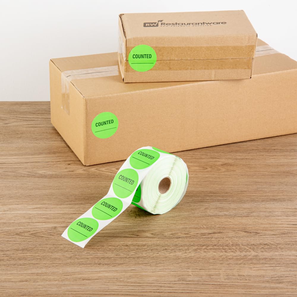 Restaurantware Label Tek - Calcomanías de embalaje de 2 x 2 pulgadas, 1000 etiquetas de envío de alta calidad, contadas, sostenibles, calcomanías de inventario de papel verde, alta visibilidad, con