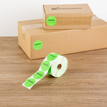 Restaurantware Label Tek - Calcomanías de embalaje de 2 x 2 pulgadas, 1000 etiquetas de envío de alta calidad, contadas, sostenibles, calcomanías de inventario de papel verde, alta visibilidad, con