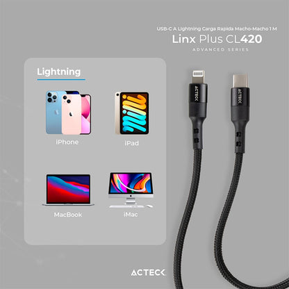 Cable USB C a Lightning Linx Plus CL420 / Carga Ultra Rápida + Hasta 27W 1Mt Nylon Trenzado + Macho a Macho Negro Advanced Series