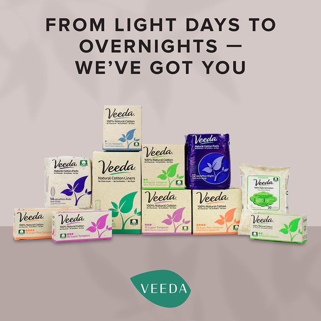 Veeda Natural Cotton UltraThin Night Pads with Wings, Unscented, 3 Packs, 12 Count Each