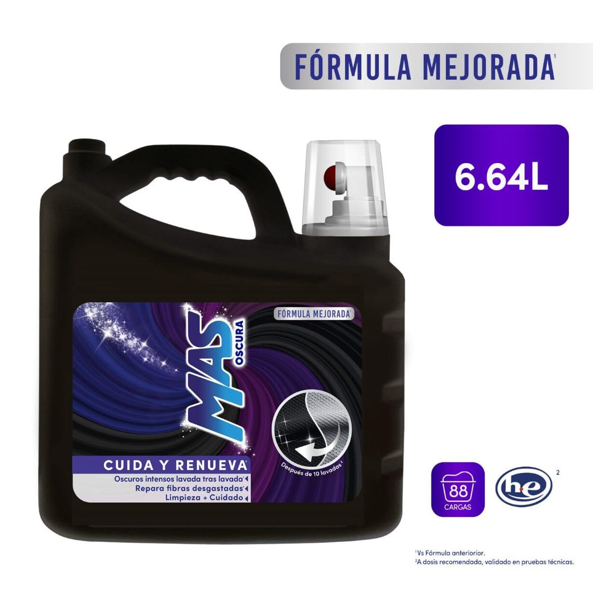 MAS - Oscura Detergente Líquido, 6.64L; Colores Oscuros Intensos con Efecto Suavizante (88 Cargas) para Ropa de Color Oscura y de Mexclilla. Cuida el Color y Conserva la Suavidad