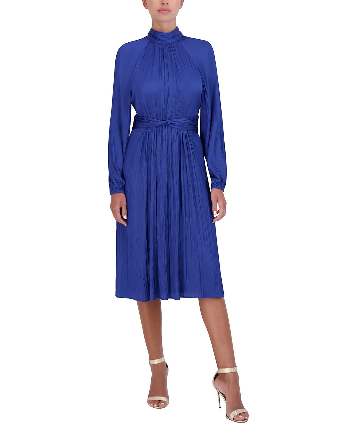 BCBGMAXAZRIA Vestido Midi Ajustado y Acampanado, Manga raglán Larga, Cuello Alto Falso, Nudo Torcido, Espalda Fruncida Vestido para Mujer
