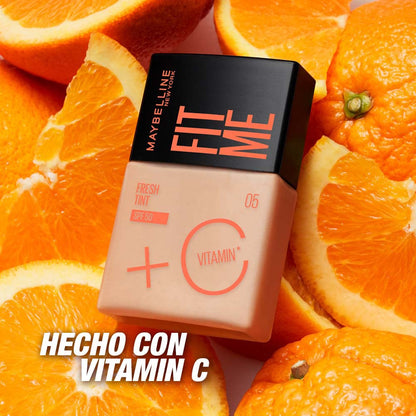 Maybelline Base de maquillaje Fit Me Fresh Tint 07, 30 ml, larga duración, alta cobertura, para todo tipo de piel, fórmula con Vitamina C y protector solar FPS50