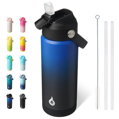 BJPKPK Botella de Agua Aislada con Popote 532 ml, Acero Inoxidable - Negro Azul - 0.5 Litros