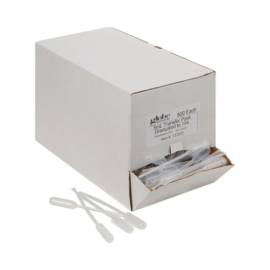 Globe Scientific - Pipeta de transferencia 137030-500, capacidad de 5.0 ml, foco grande, no estéril, graduada a 1 ml, 145 mm de longitud, dibujo de foco: 3.4 ml, 500/caja